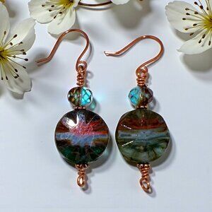 Boho Rain Forest Sunrise Earrings Green Red Czech Glass Copper Earwires